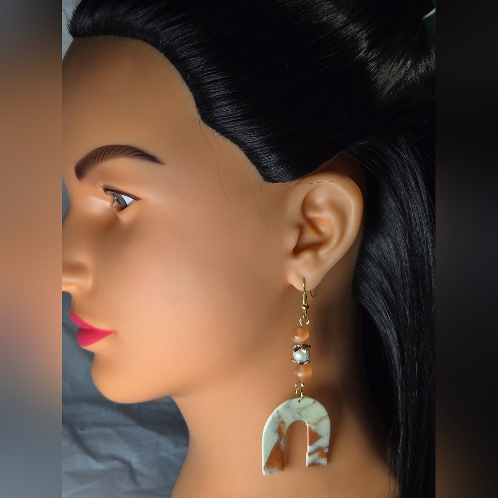 #B263- Handmade Cream and Cinnamon Arch Earrings with Pearls - Picture 5 of 5